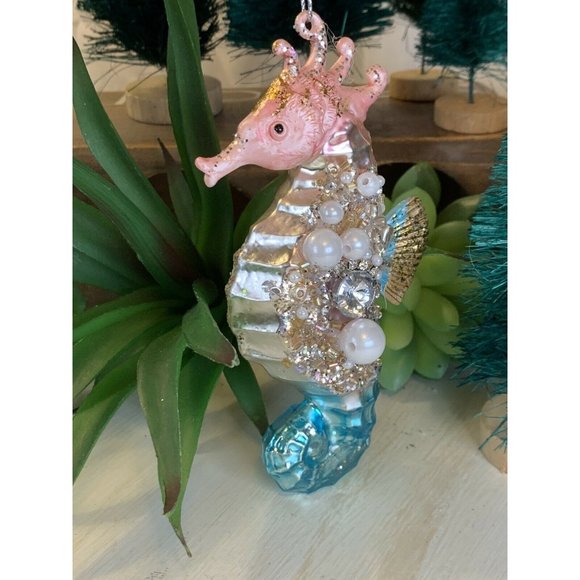 Robert Stanley Blown Glass Beaded Seahorse Christmas Ornament 5" x 2.5" U17a - Picture 1 of 4